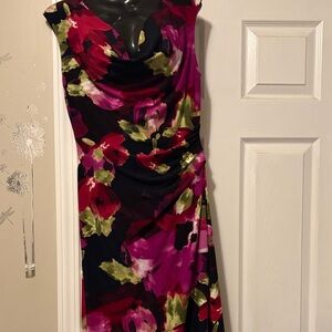 Ralph Lauren Black Midi Dress with Fuchsia and Red Floral Print